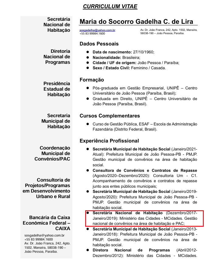 Recorte da seção 'Experiência Profissional' do currículo oficial submetido por Maria do Socorro Gadelha à ALPB em março de 2025 como peça instrutória do Projeto de Resolução 356/2025. A linha 'Secretária Nacional de Habitação (Dezembro/2017-Janeiro/2019), Ministério das Cidades' aparece destacada. O documento cita o cargo, mas não menciona em nenhum ponto que a exoneração foi convertida em destituição disciplinar pela CGU em 29/12/2022 (Portaria 3.655), nem cita o registro 278654 no CEAF.